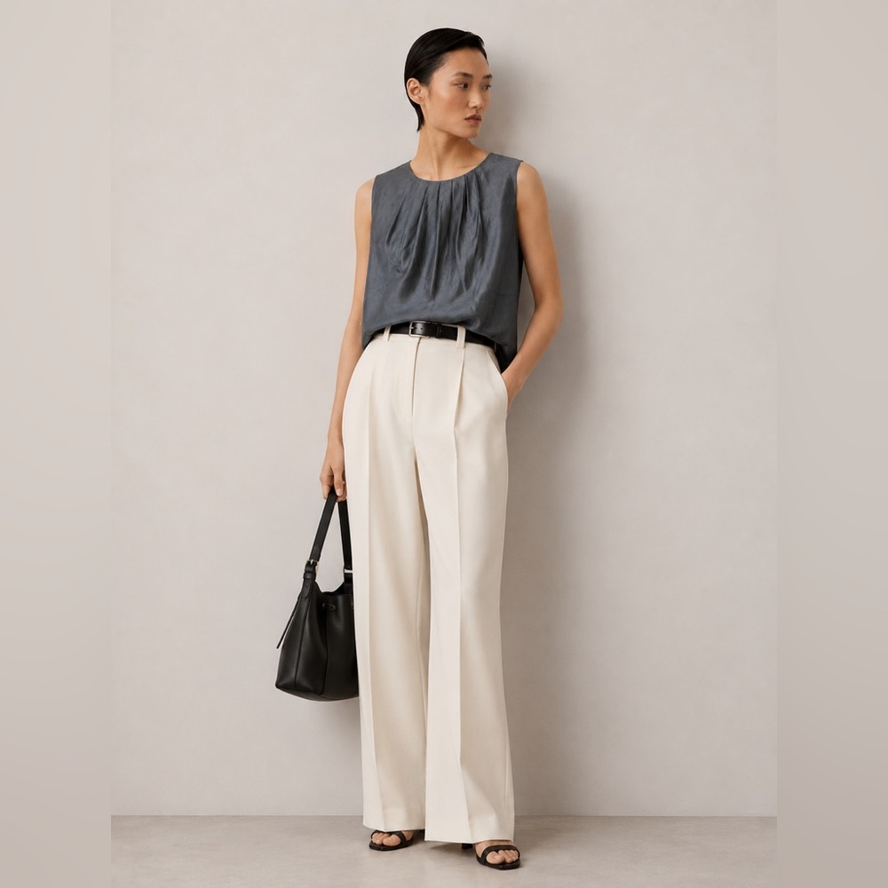 RALPH LAUREN - Silk Sleeveless Draped Top | Charcoal Gray Minimalist Blouse